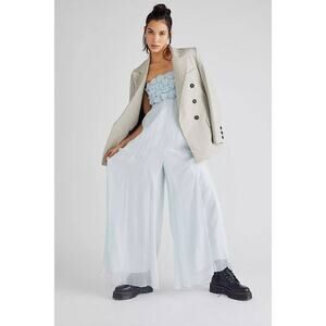 New Free People Rosa Strapless Floral Wide Leg Jumpsuit $350 LARGE Misty Blue